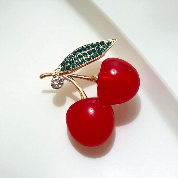 Red Cherry with Green Crystal Leaf Gold Tone Brooch - Picture 2 of 5